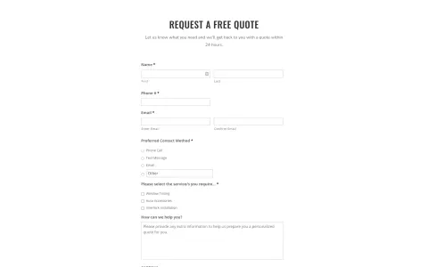 Clearview Auto Tint website home page, quote request form